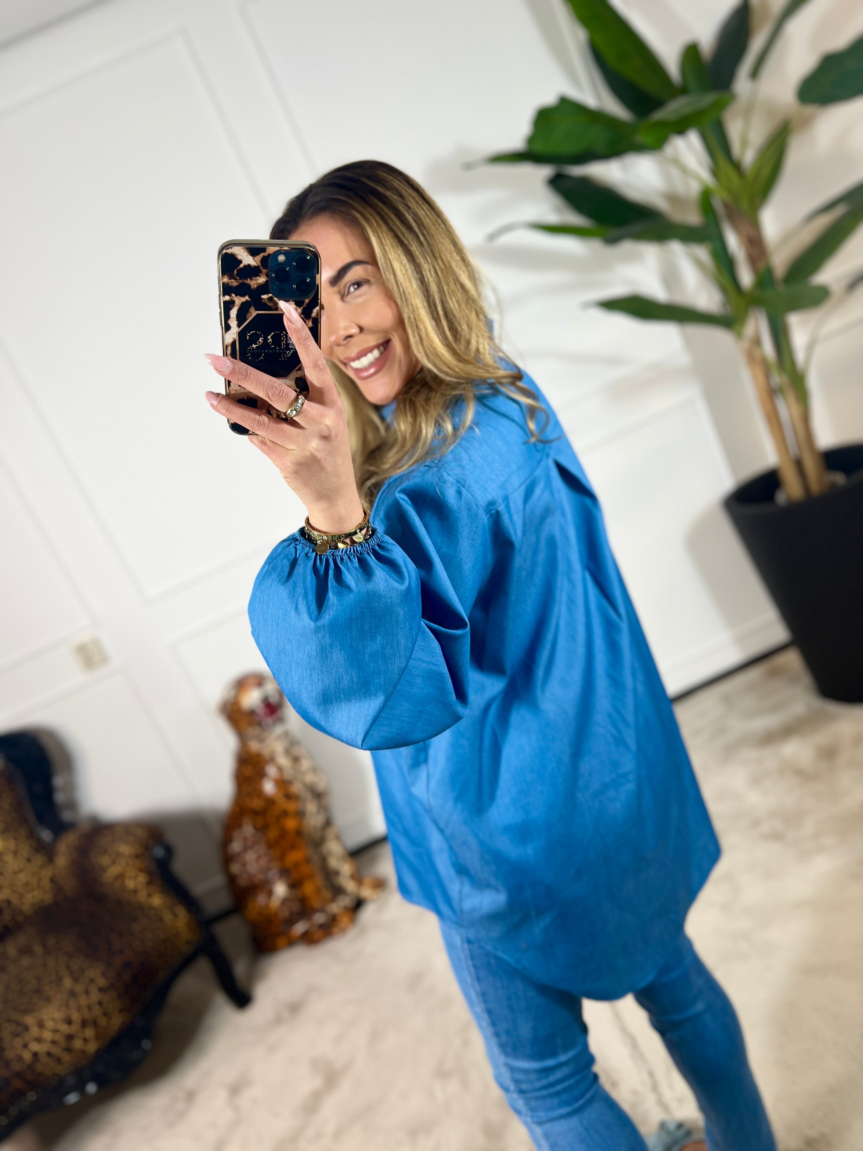 DENIM KATOENEN BLOUSE (T/M 48)