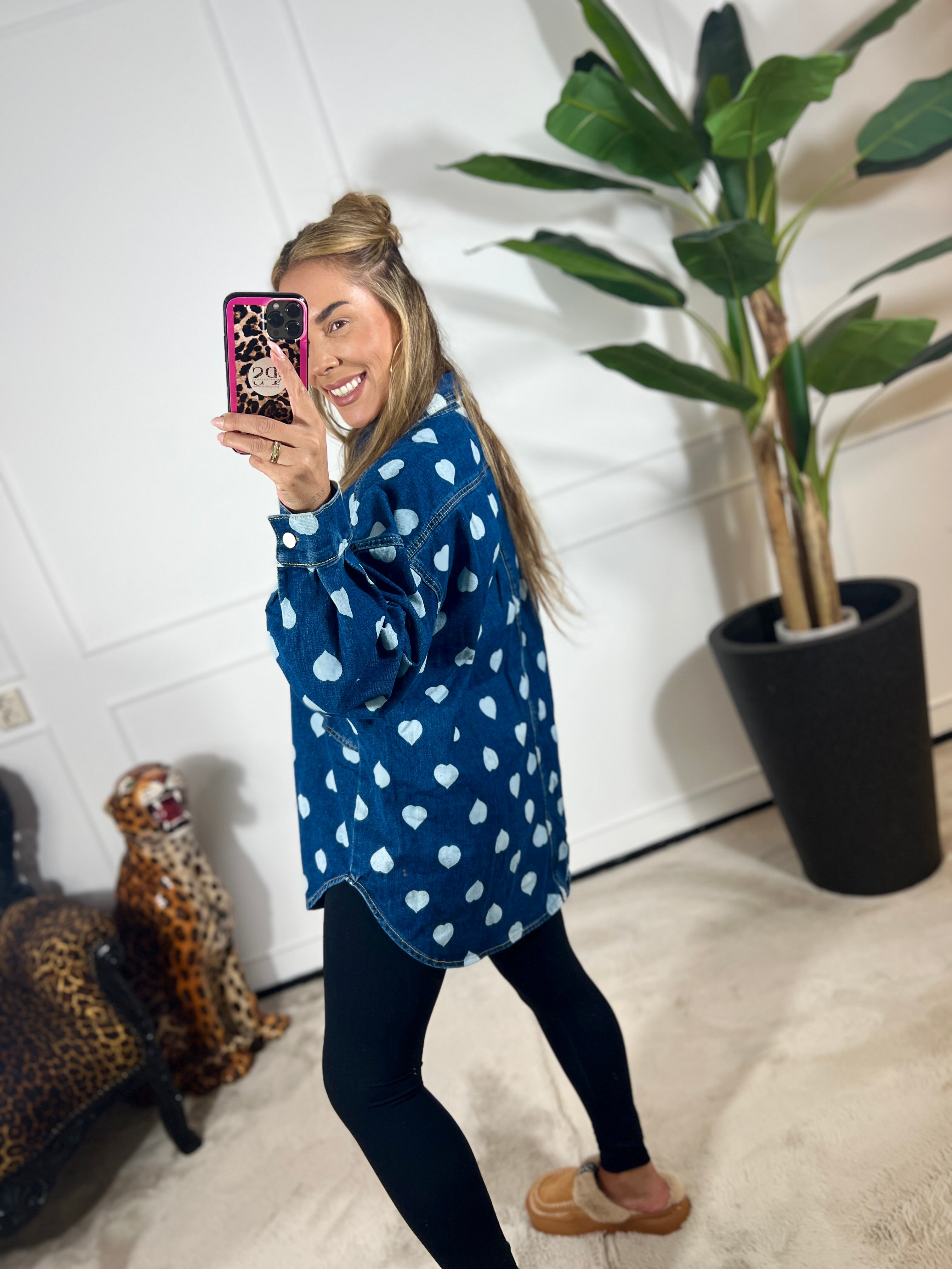 WHITE HEART OVERSIZED DENIM BLOUSE