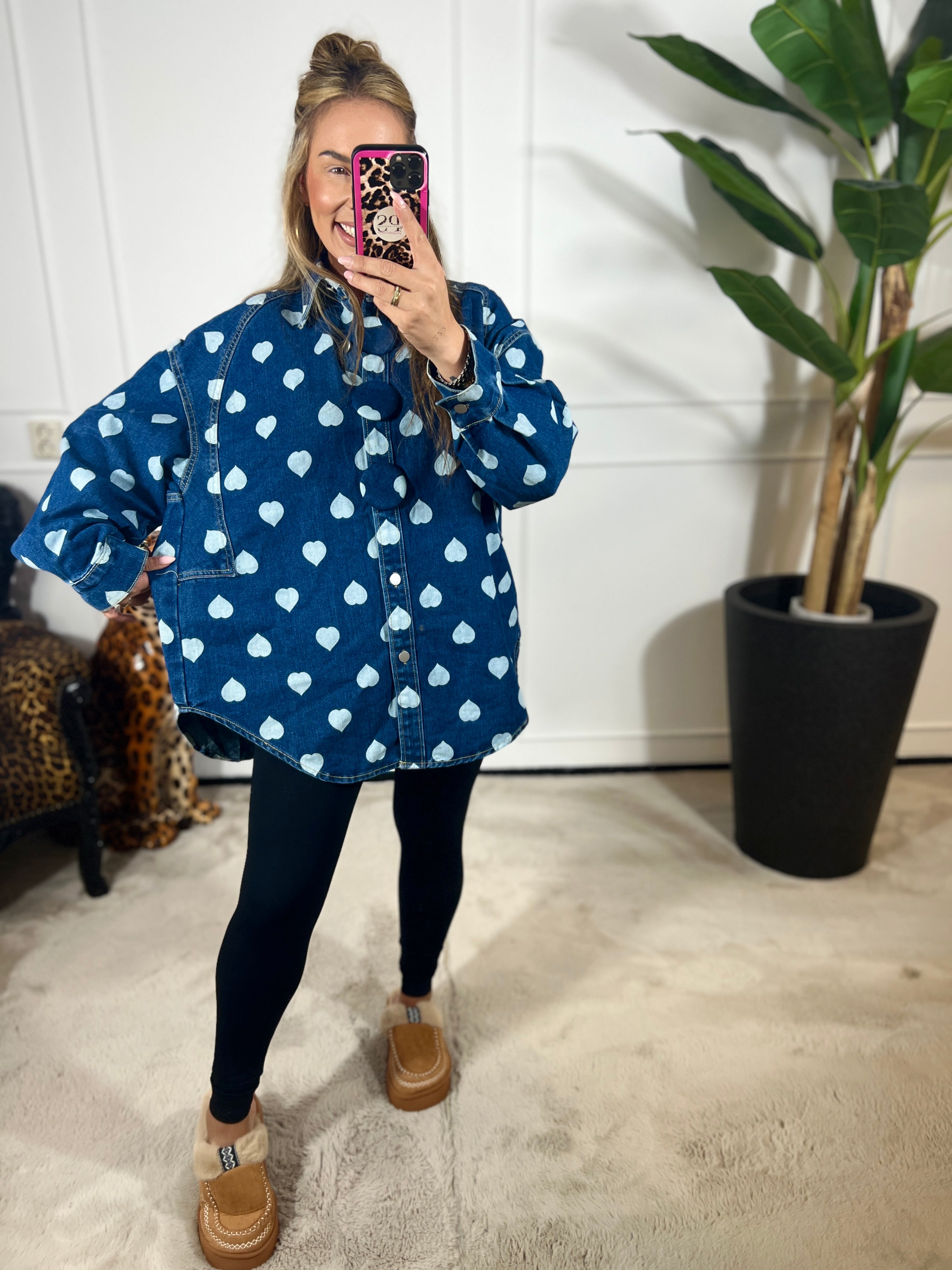 WHITE HEART OVERSIZED DENIM BLOUSE