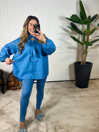 DENIM KATOENEN BLOUSE (T/M 48)