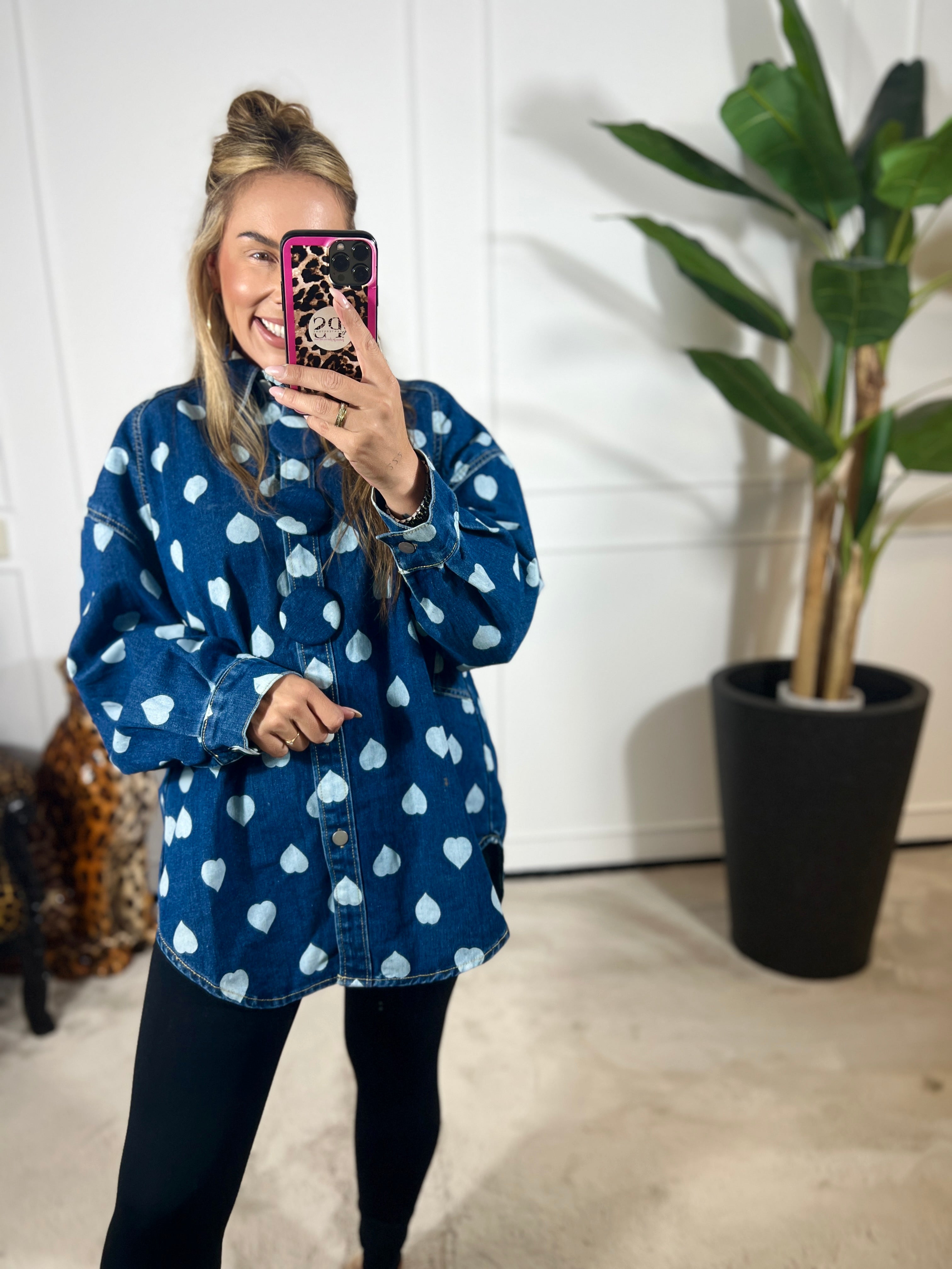 WHITE HEART OVERSIZED DENIM BLOUSE